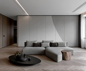 Aesthetic elegant minimalist modern interior design. Clear mock up empty wall for decoration in the apartment. Copy space in the room. Neutral palette of natural colors.