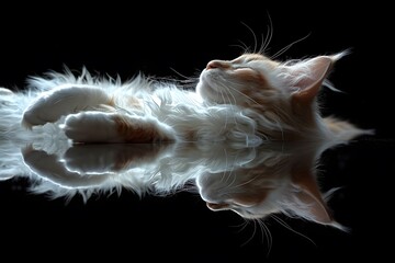 Naklejka premium Serene Reflection of a Fluffy Cat on a Dark Surface
