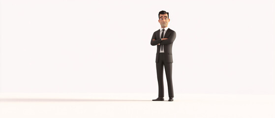 Obraz premium Confident Cartoon Businessman Standing with Arms Crossed in Suit