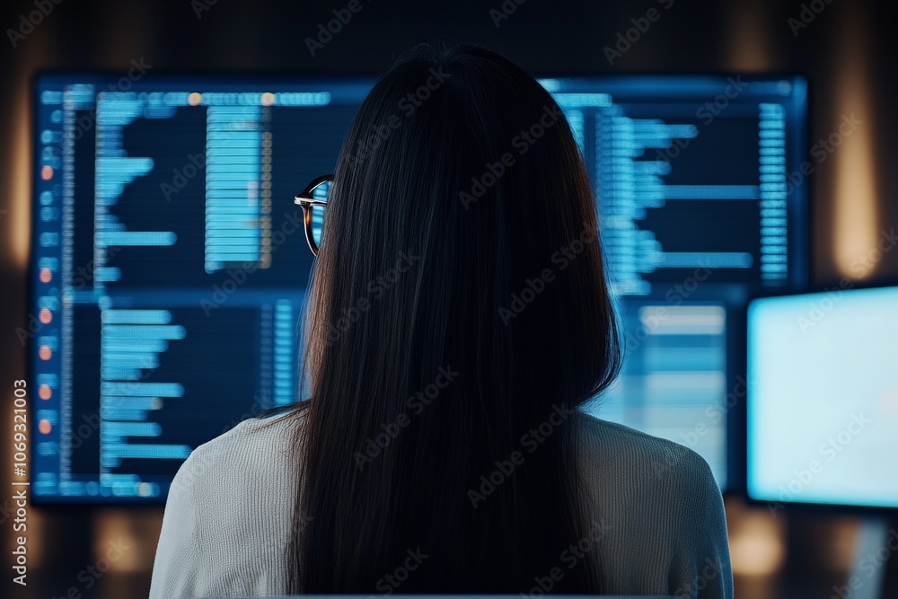 Aufkleber woman focused on programming at multi-monitor computer setup, viewed from behind, epitomizes the ded