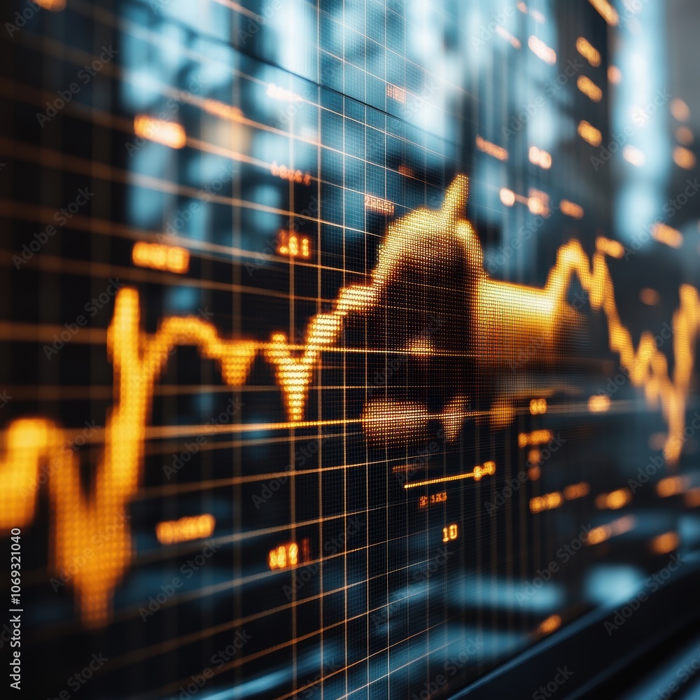 Poster abstract financial data visualization with graphs and charts in warm tones.