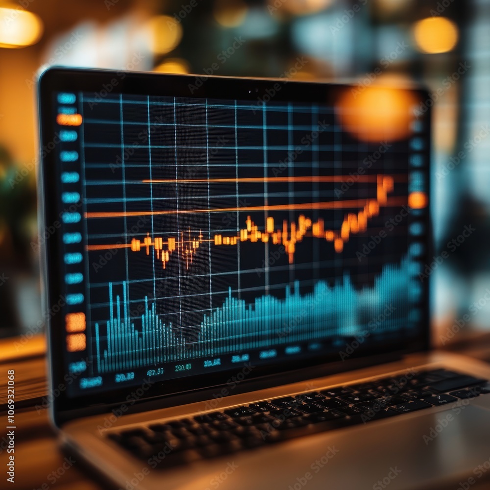 Poster close-up of a laptop displaying stock market data with vibrant charts in a modern workspace.