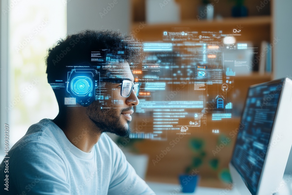 Poster wearing glasses, a man engages with a computer while virtual data overlays project from the screen, 