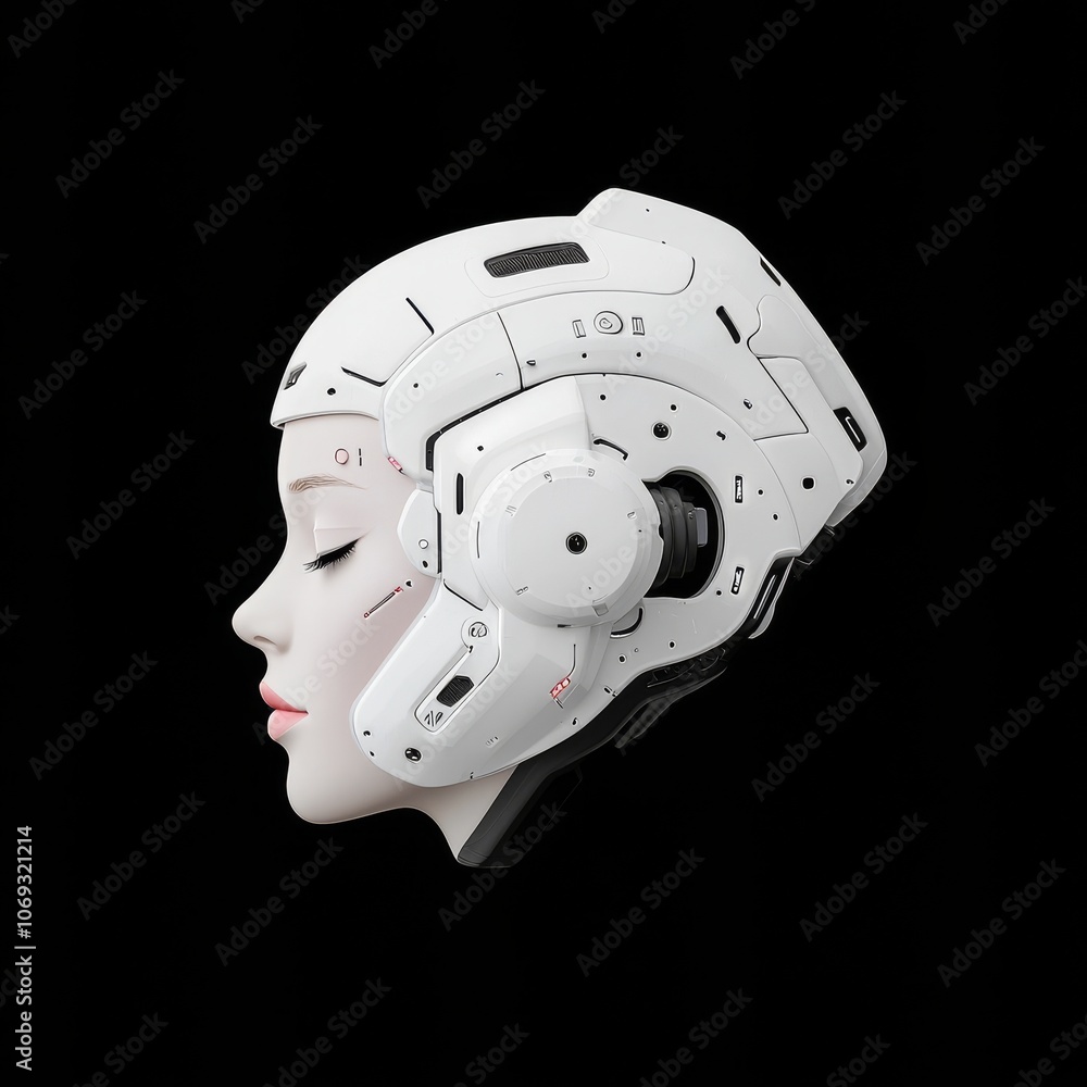Poster an isolated 3d rendering of a robot or a woman's cyber head. isolated on a black background.