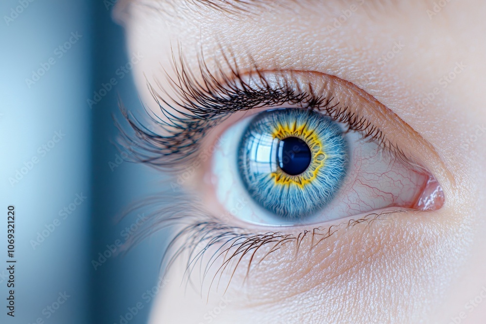 Aufkleber identifies the face of a woman with a smart contact lens with digital and biometric implants to scan