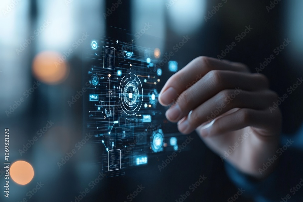 Poster a hand reaching towards an interactive futuristic digital interface, demonstrating advances in augme