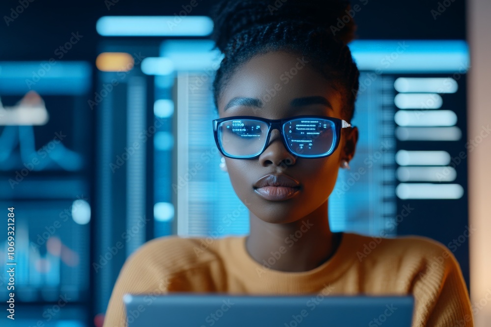Poster a focused woman wears tech-enabled glasses while analyzing complex data on a digital screen, illustr