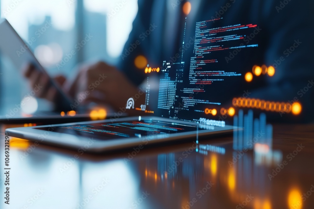 Poster a tablet displays lines of digital code, showcasing the intricate world of software development and 