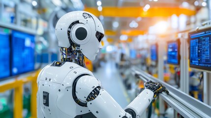Fototapeta premium Engineer tests futuristic bionic exoskeleton and picks up metal objects in a heavy steel industry factory. Contractor lifting steel parts using powered shell.