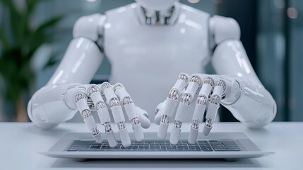 An image showing a programmer with a disability using a prosthetic arm to work on a laptop computer. This is a close-up shot showing the programmer's natural, swift and swift use of a bionic hand to