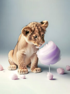 Naklejki Curious Baby Lion with Cotton Candy