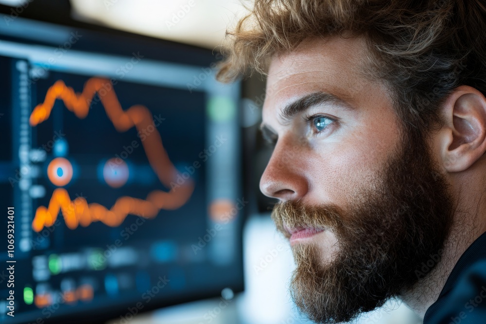 Poster a focused bearded man is absorbed in analyzing complex data displayed on multiple computer screens, 