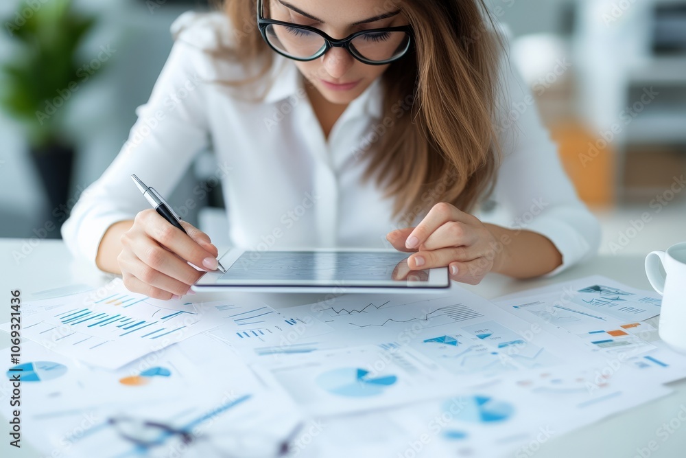 Poster a professional woman in glasses intensely analyzing data on a tablet surrounded by printed charts, s