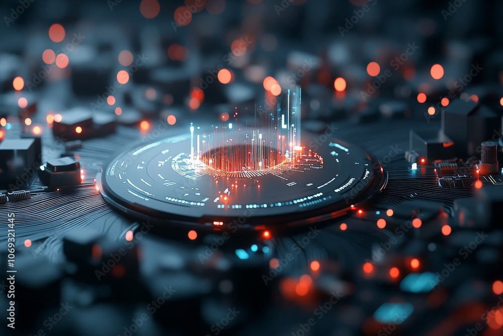 Poster a highly detailed and futuristic image of a circuit board, showcasing digital elements and glowing l