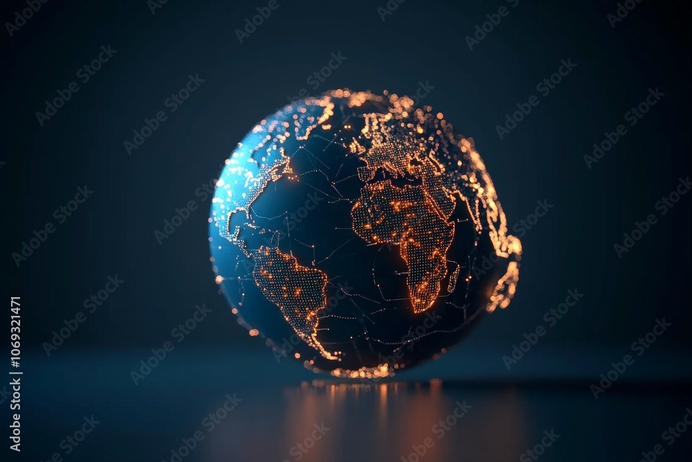 Poster an abstract representation of a glowing globe with intricate network connections and lights, symboli