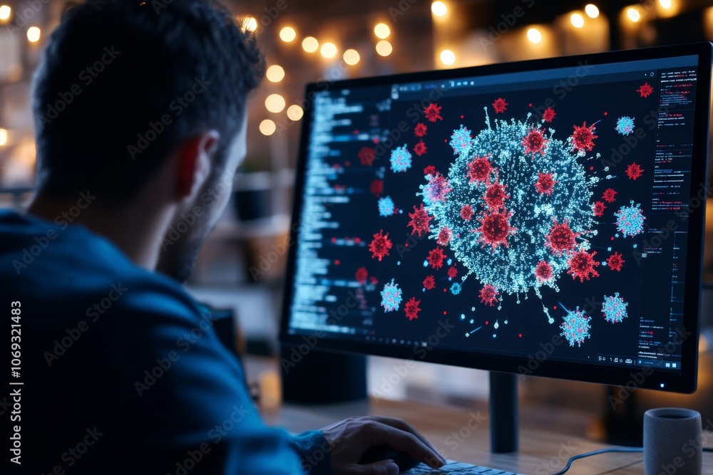 Aufkleber an individual is analyzing detailed virus data displayed on a computer screen in a dimly lit room, h