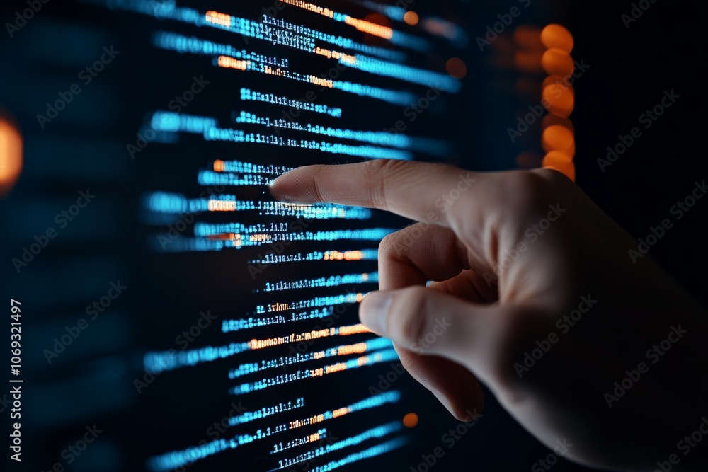Poster a hand is seen interactively pointing at a digital display of flowing code, brilliantly lit in blue 