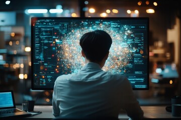 A man is intently viewing a large digital screen displaying complex data visualizations in a modern, illuminated workspace, signifying data analysis.