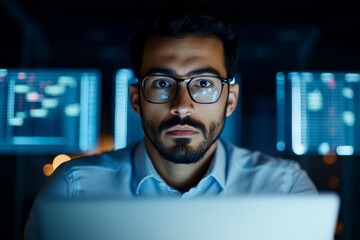 A man with glasses is deeply focused, looking at a computer screen in a darkened room, with reflections of digital information in his glasses, indicating tech work.