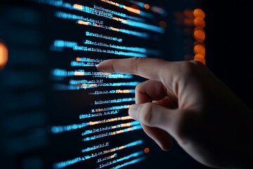 A hand is seen interactively pointing at a digital display of flowing code, brilliantly lit in blue and orange hues, representing technological interaction.