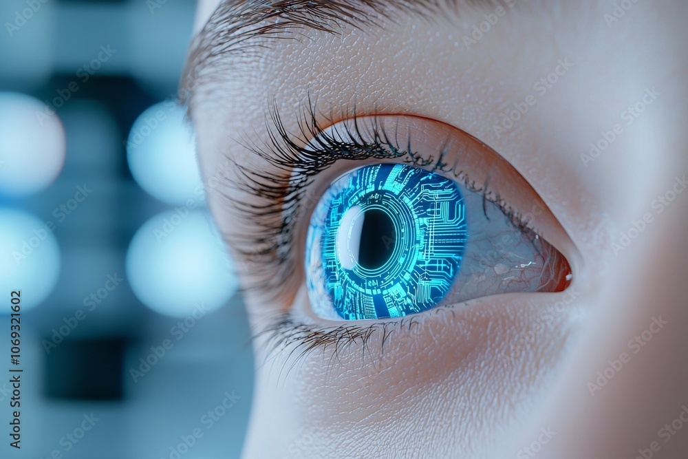 Poster featured is a futuristic ai eye with a digital interface, depicting the intersection of biotechnolog