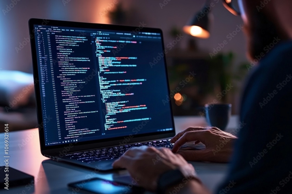 Poster a software programmer types lines of code intently on a laptop in a softly lit evening environment, 