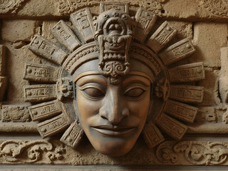 Ancient Mayan-style stone mask with intricate carvings, showcasing cultural artistry and historical significance.
