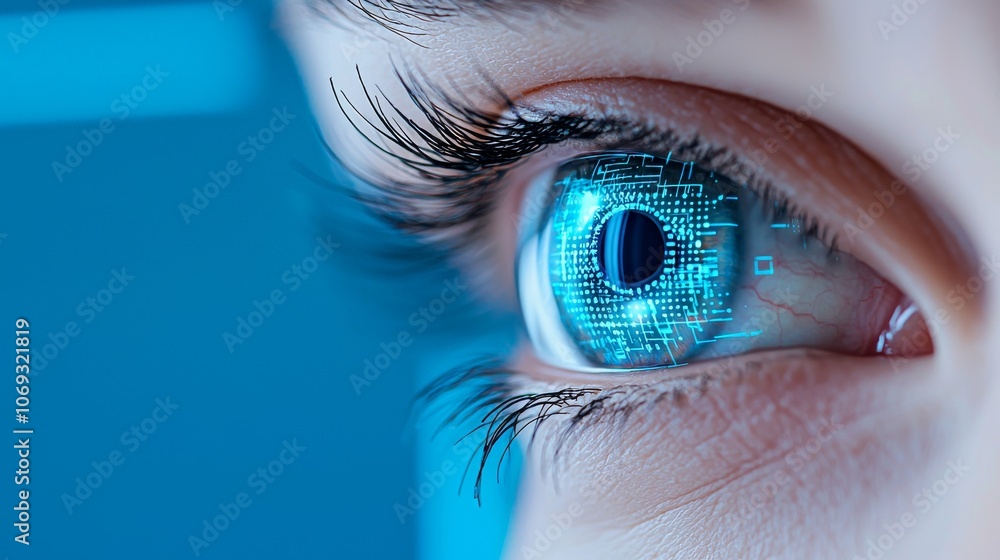 Poster female eye close up with digital and biometric implants scanning ocular retina. future concept for s