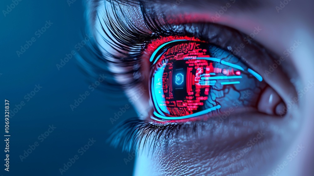 Poster future concept for computer scanning of faces identifying the ocular retina using smart contact lens