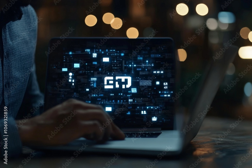 Poster a person uses a laptop displaying futuristic digital data visualizations against a dark background, 