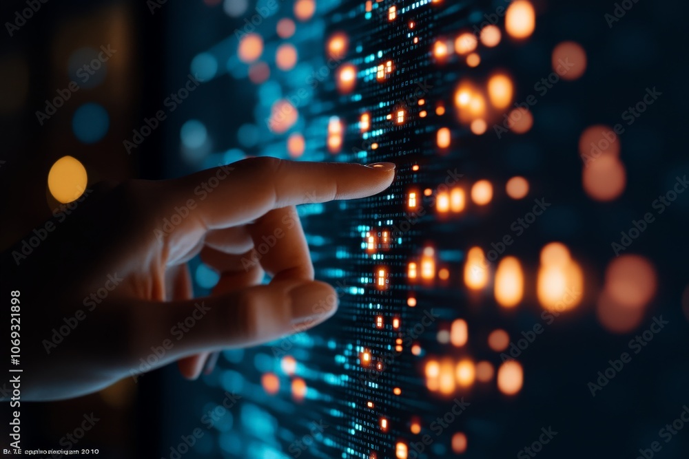 Poster a close-up image of a hand gently pressing on a digital interface grid, emphasizing human interactio