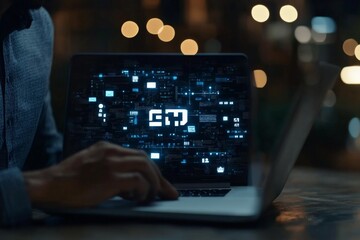 A person uses a laptop displaying futuristic digital data visualizations against a dark background, epitomizing advanced technology and information processing.