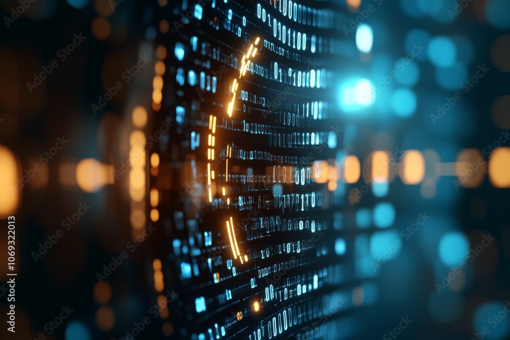 Poster abstract visualization of binary data and digital connections, rendered in vivid blue and orange ton