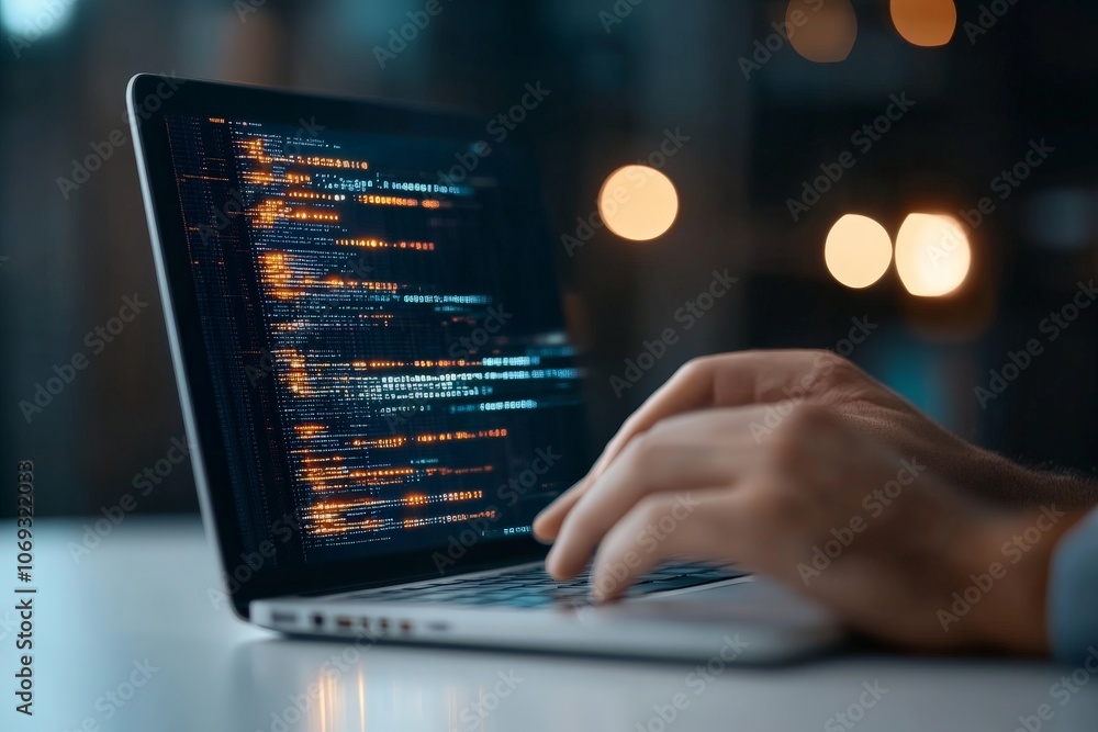 Poster close-up of hands typing code on a laptop with colorful text, symbolizing modern software developmen