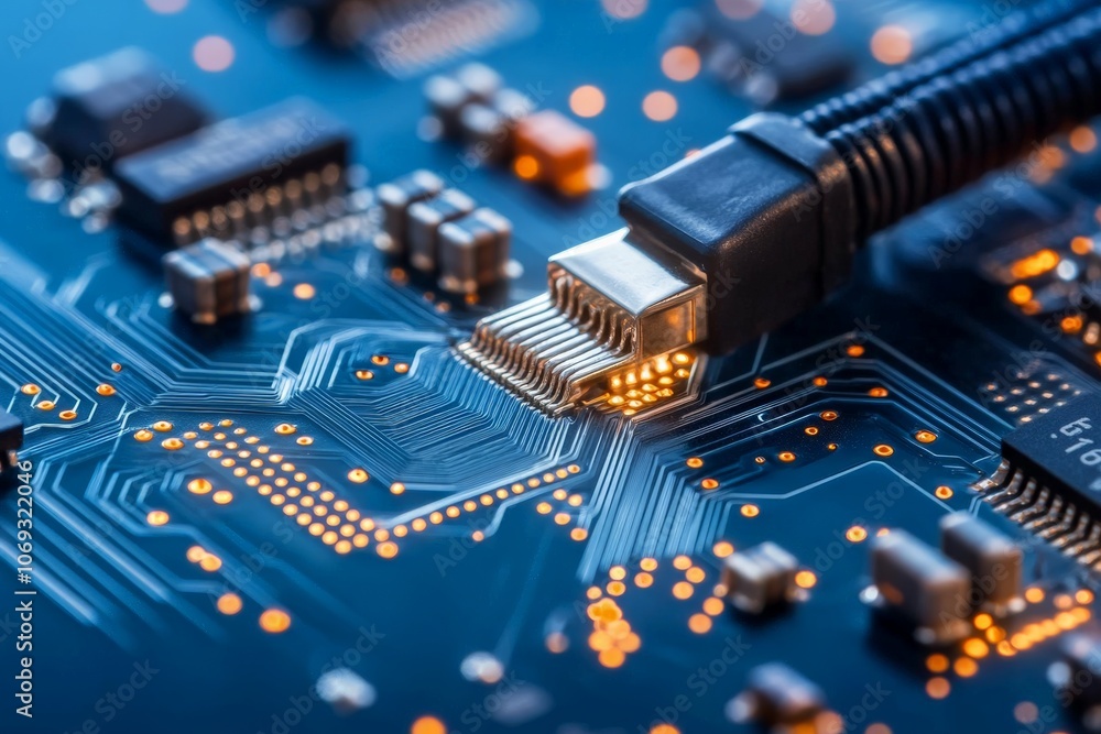 Poster close-up of an ethernet cable plugged into a circuit board with illuminated traces, symbolizing conn