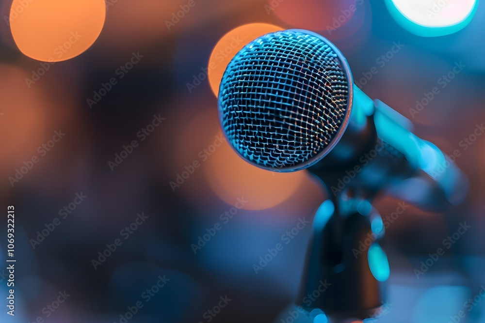 Poster close-up of a microphone with colorful bokeh background