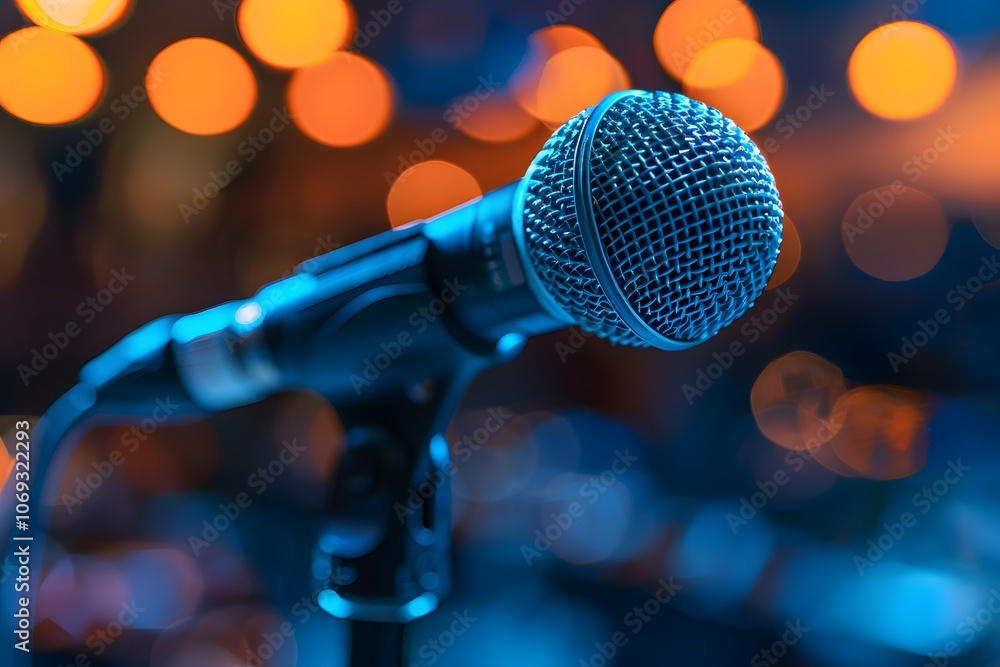 Poster close-up of a microphone with a beautiful bokeh background