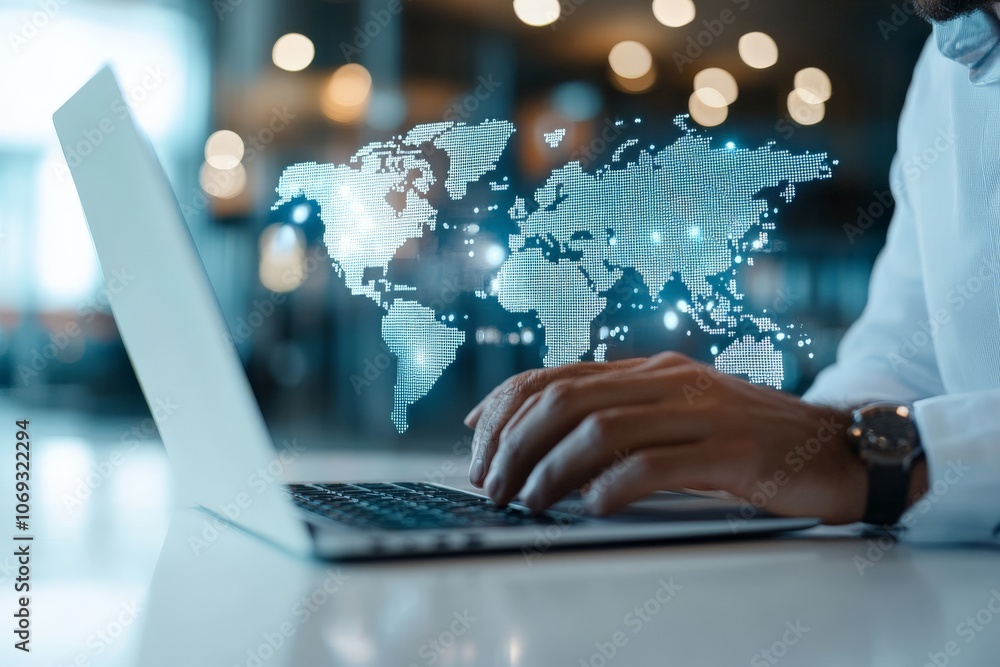 Poster a person types on a laptop with a digital world map overlay, symbolizing global connectivity and the