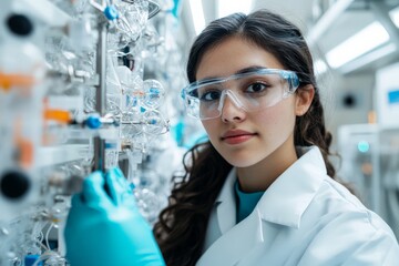 A young scientist with safety goggles conducts experiments in a lab, exemplifying curiosity, dedication, and the pursuit of knowledge in scientific research.