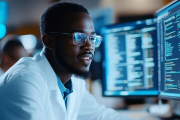 A focused scientist works on programming in a lab, his eyes locked on multiple screens filled with complex code, surrounded by a high-tech environment.
