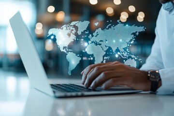 A person types on a laptop with a digital world map overlay, symbolizing global connectivity and the merging of technology with worldwide communications.