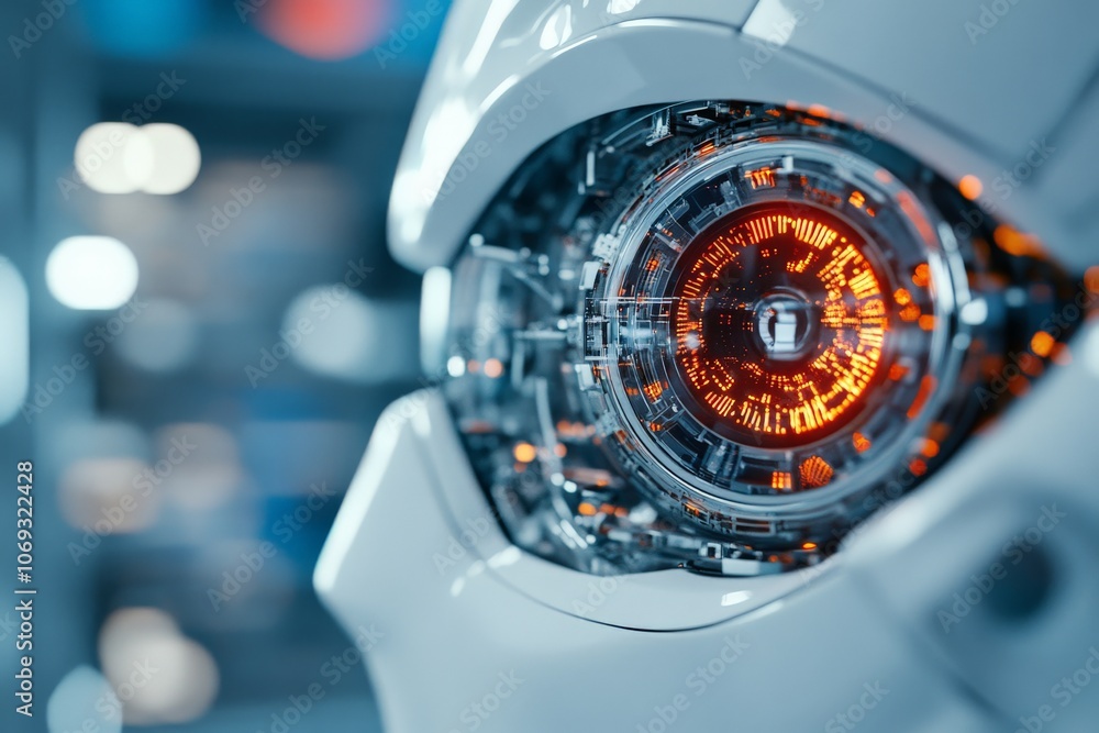 Poster a detailed view of a futuristic robot's eye featuring intricate mechanical elements and glowing oran
