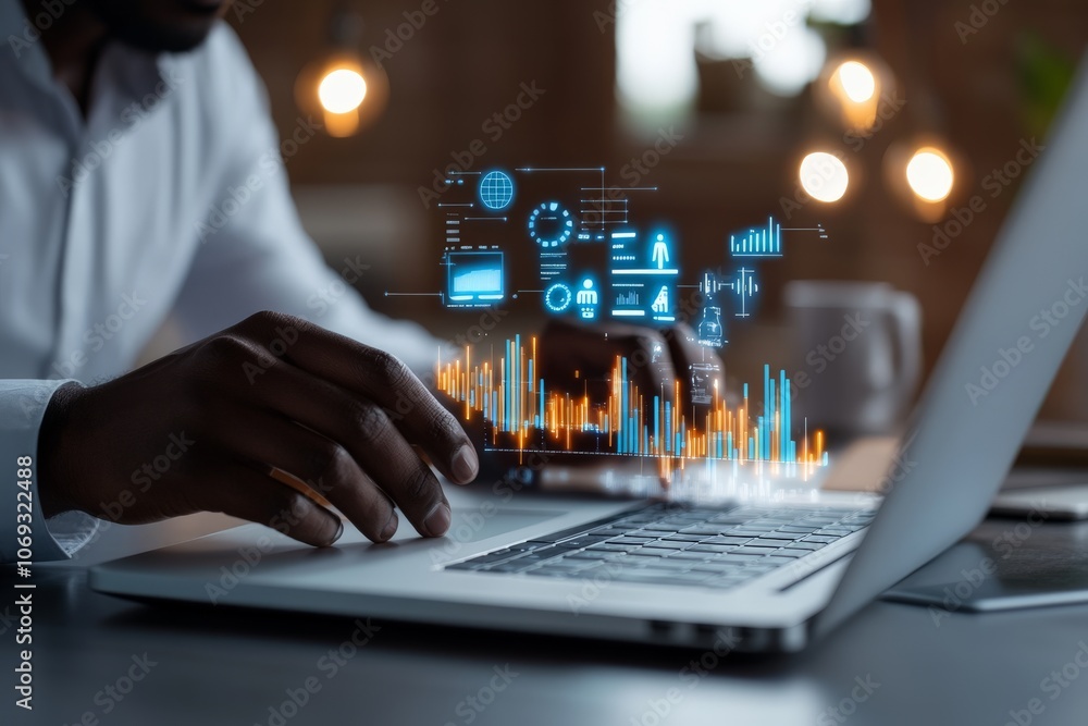 Poster a businessman works on a laptop with a futuristic holographic interface displaying data and various 
