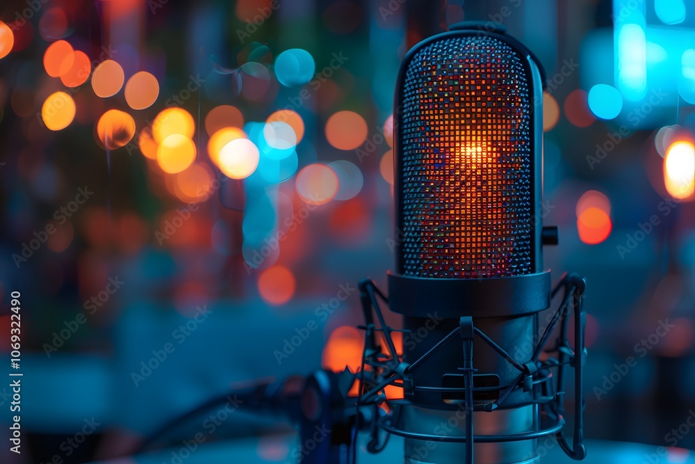 Poster captivating close-up of a vintage microphone with colorful bokeh background