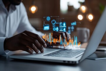 A businessman works on a laptop with a futuristic holographic interface displaying data and various analytics, representing modern technology and innovation.