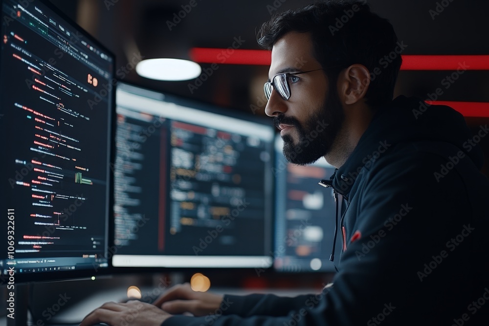 Poster the image portrays a focused man working on developing code displayed on multiple monitors, in a dar