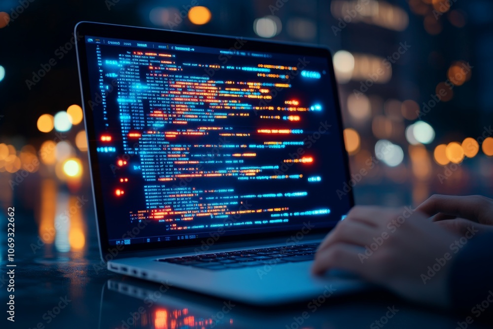 Poster the image focuses on a laptop with highlighted coding text against a blurred, illuminated background