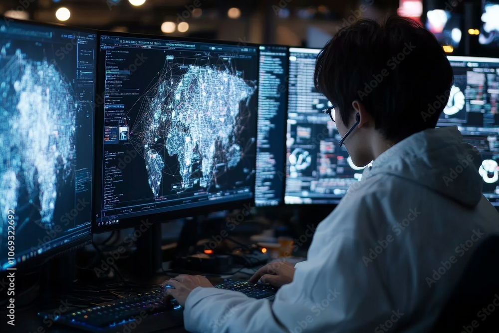 Poster a data analyst multitasking on complex software systems is seen deeply focused on multiple screens, 