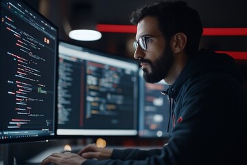 The image portrays a focused man working on developing code displayed on multiple monitors, in a dark room with ambient lighting, representing dedication and technology.