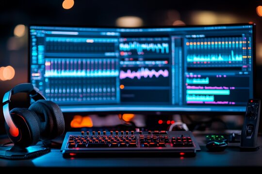 A futuristic setup with multiple screens showcasing data analysis, headphones, and other gadgets, reflecting a sophisticated technological and analytical environment.